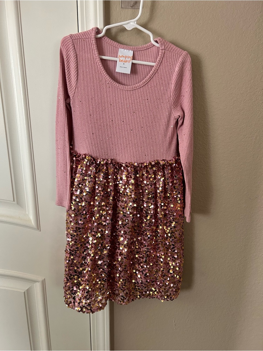 jumping beans Rose Pink Ribbed Top with Sequin Skirt Girls' Dress